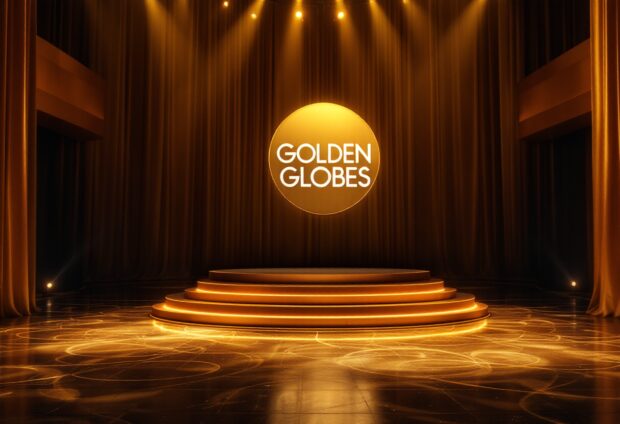 Nikki Glaser smiling on stage at the Golden Globes 2026