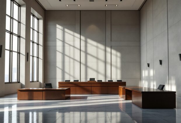 Danny McBride holding a gavel in a courtroom setting