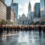 Crowd of protesters demonstrating for political change in America
