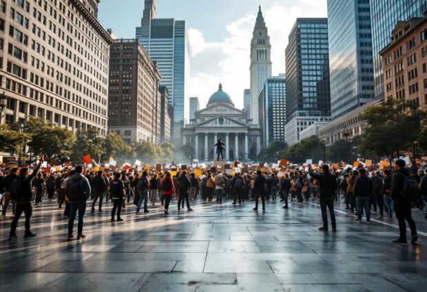 Crowd of protesters demonstrating for political change in America