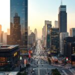 Wall Street skyline with financial graphs and tariffs