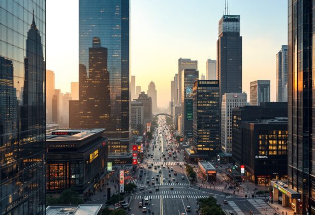 Wall Street skyline with financial graphs and tariffs