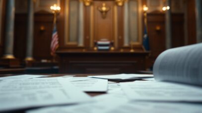 A courtroom scene highlighting celebrity trials and social media
