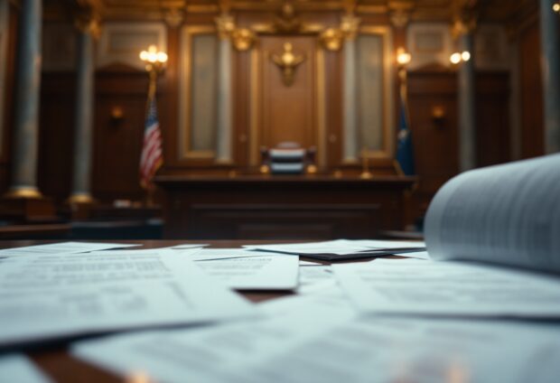 A courtroom scene highlighting celebrity trials and social media