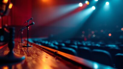 Mike Birbiglia performing stand-up comedy on stage