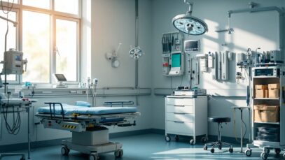 Hospital emergency room with medical staff discussing care