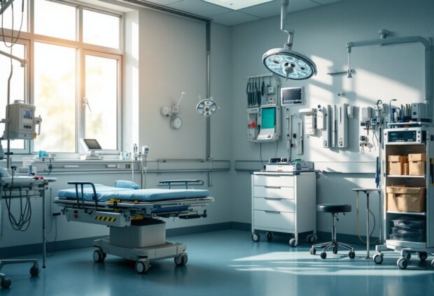 Hospital emergency room with medical staff discussing care
