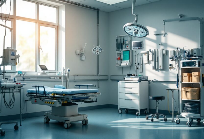 Hospital emergency room with medical staff discussing care