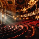 A vibrant scene depicting the fusion of politics and musical theater