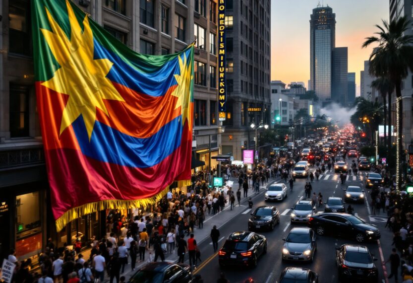 Crowd protesting in Los Angeles against immigration policies