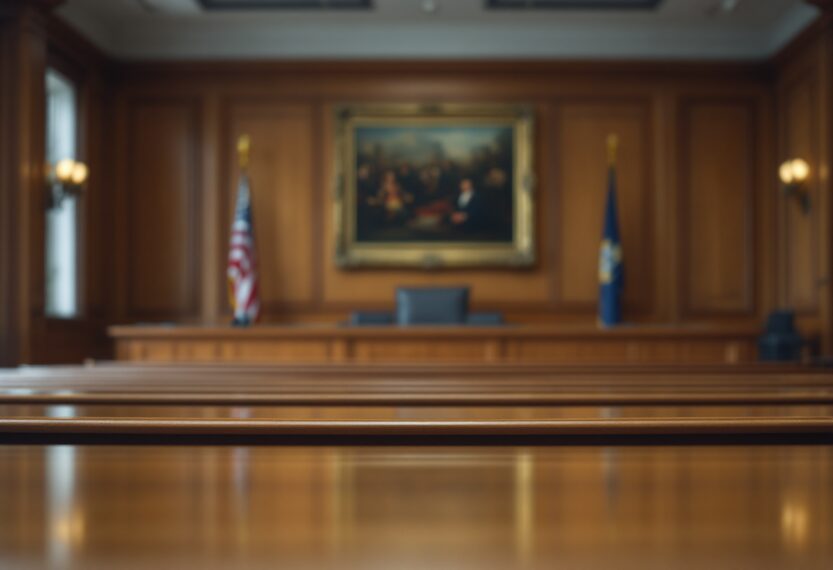 Courtroom scene depicting sexual misconduct trial